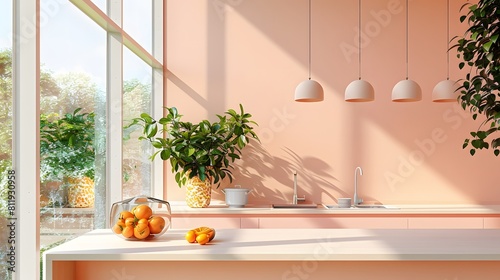 Modern kitchen with peach walls and light pink cabinets  featuring pendant lights hanging above the dining table. The space is well lit by natural sunlight through large windows.  