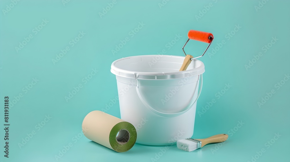White paint bucket with roller and brush ready for home renovation. DIY painting tools on turquoise backdrop. Simple and clean design. AI White paint bucket with roller and brush ready for home renovation. DIY painting tools on turquoise backdrop. Simple and clean design. AI