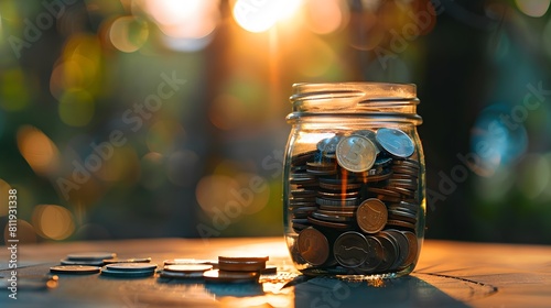 A jar filled with coins on an empty table, representing saving money for future needs. Web banner with copyspace on the right 
 photo