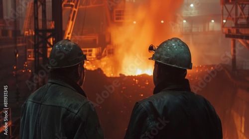 Two steelworkers watch the molten metal being poured into the ladle. Manufacturing industry, smelting, steel lathe a iron melter steel production in the factory photo