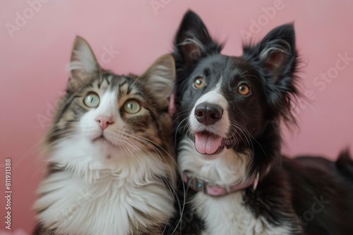 Happy dog and cat portrait with their eyes fixed on the camera. Generative Ai © Abu
