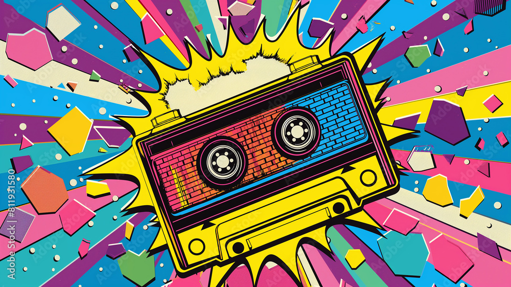 Pop art cassette audio tape.. Colorful background in pop art retro ...
