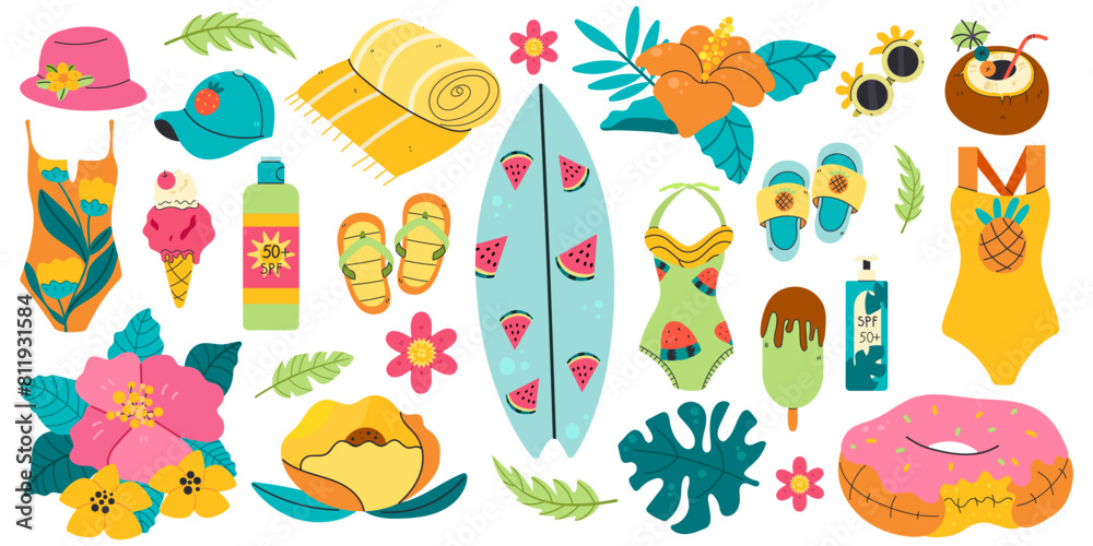 Big summer set for sticker. Icons, signs, banners. Beach party poster. Collection elements for summer holiday. Big summer set for sticker. Icons, signs, banners. Beach party poster. Collection elements for summer holiday.