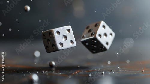 Rolling dice frozen in mid-air with a dynamic splash backdrop. Captured in high resolution, perfect for game and chance themes. AI