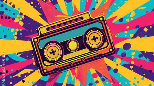 Pop art cassette audio tape.. Colorful background in pop art retro comic style.
