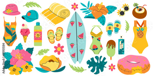 Big summer set for sticker. Icons, signs, banners. Beach party poster. Collection elements for summer holiday.