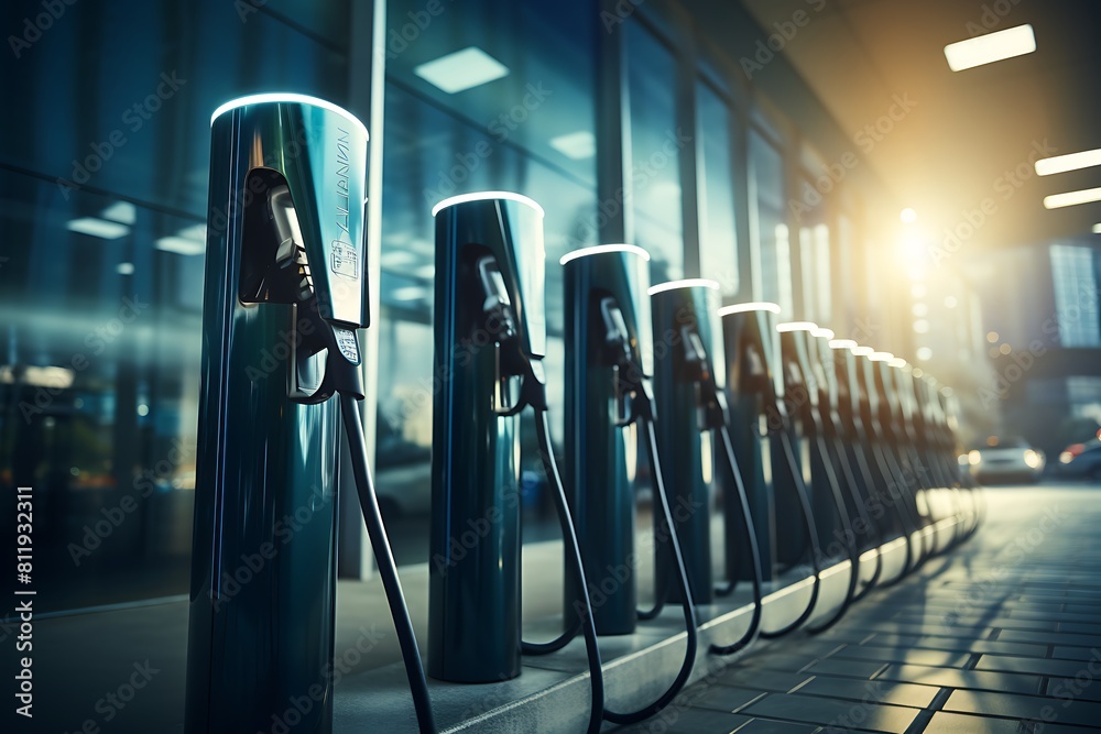 Electric car charging on electric car charging station. Eco power concept.