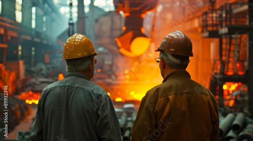 Two steelworkers watch a molten metal being poured. Manufacturing industry, smelting, steel lathe a iron melter steel production in the factory