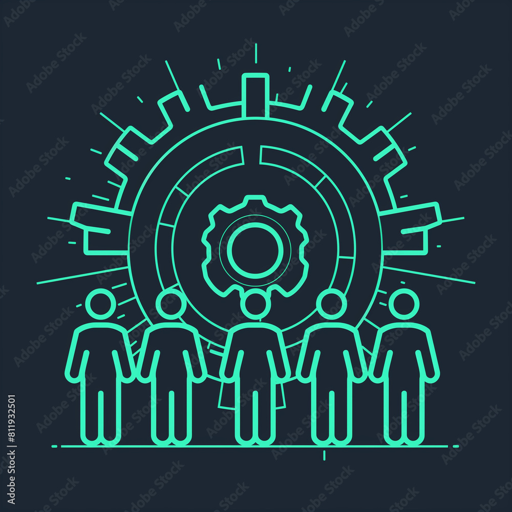 Linear Icon with a Gear Symbolizing Teamwork in a Connected Network Linear Icon with a Gear Symbolizing Teamwork in a Connected Network