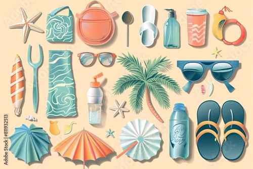 Collection of Summer Accessories Pieces for Holiday. Generative Ai photo