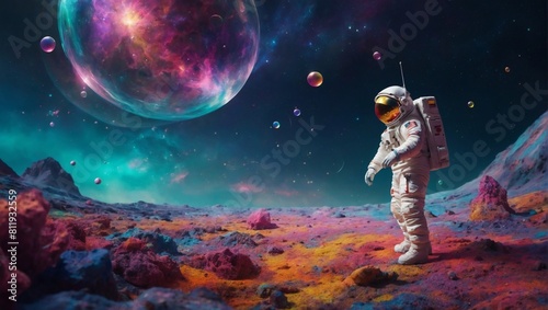 Pop art astronaut explores colorful bubble galaxy on alien planet in beautiful painting.