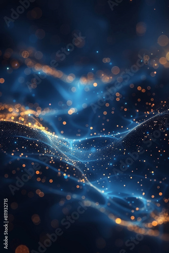 Shiny gold and blue abstract backdrop, metaverse technology and futuristic vibes, laser lights with geometric patterns glowing in a dark cosmic setting, AI-driven generative artwork.