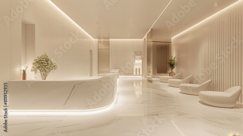 A modern hotel lobby featuring elegant marble accents  ambient soft lighting  and minimalist seating arrangements.