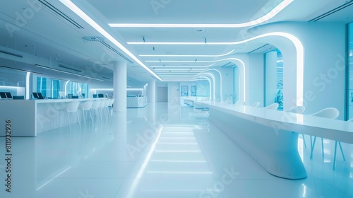 This ultra-modern office cafeteria showcases a futuristic interior with sleek white surfaces, dynamic lighting, and a high-tech ambiance. © Yanopas