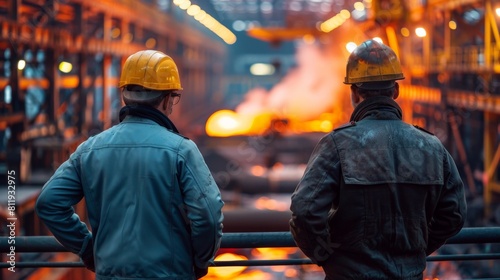 Two steelworkers watch the molten metal being poured. Manufacturing industry, smelting, steel lathe a iron melter steel production in the factory