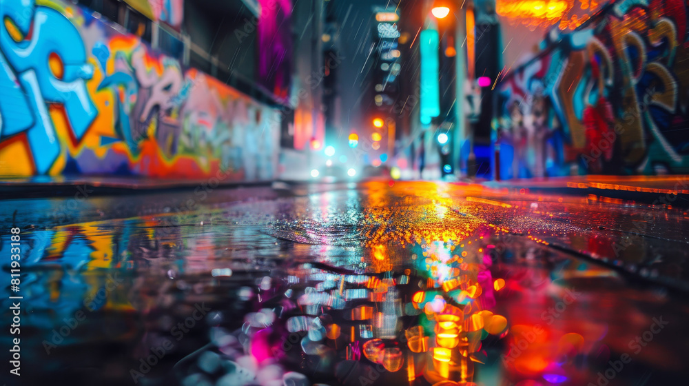 Colorful lights and street art illuminate the wet city streets at night, creating a vibrant and captivating atmosphere.