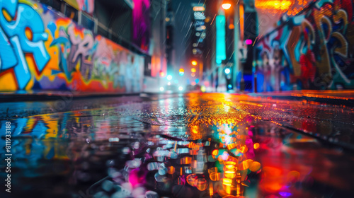 Colorful lights and street art illuminate the wet city streets at night  creating a vibrant and captivating atmosphere.