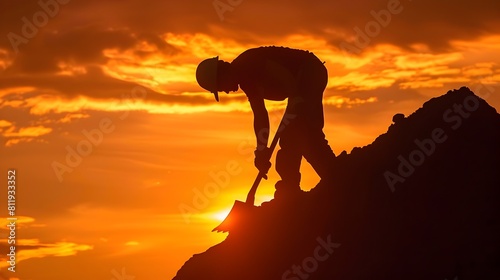 Silhouette of Worker Digging Mountain Against Sunset Sky - Symbol of Hard Work and Determination