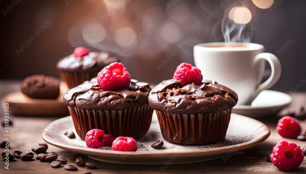 Double chocolate muffins with raspberry and a cup of coffee in a rustic setting
Double chocolate muffins with raspberry and a cup of coffee in a rustic setting