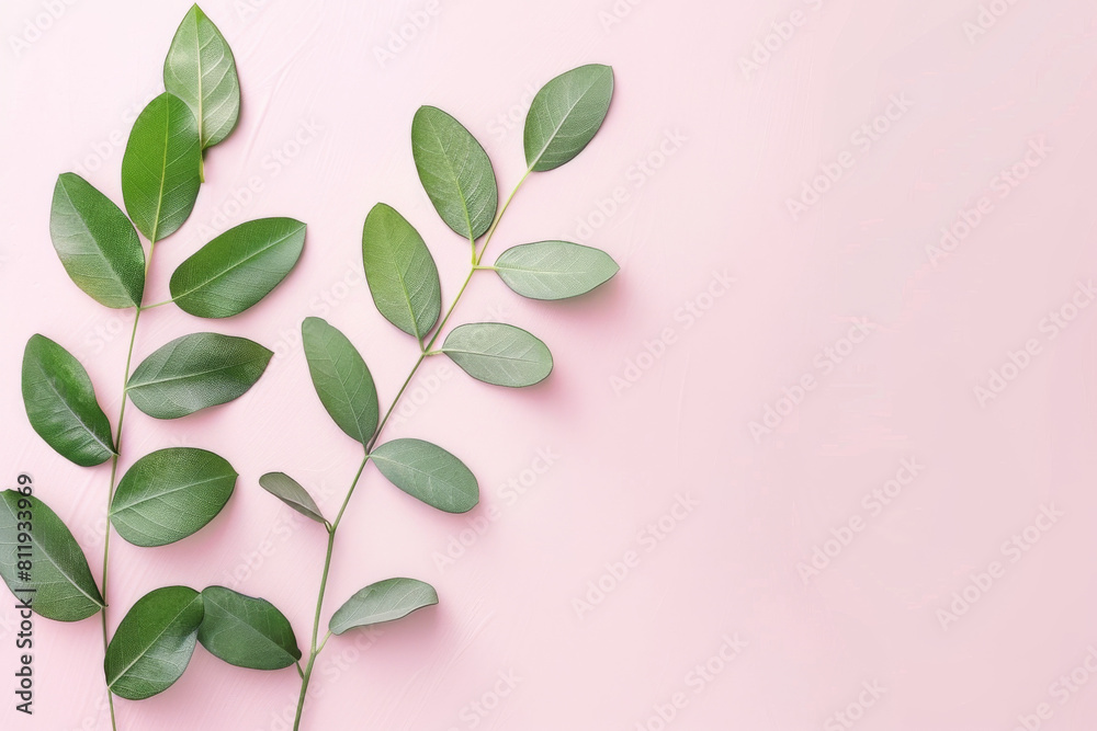 Colorful palm fronds on a pastel pink backdrop evoke a sense of tranquility and natural beauty, creating a serene aesthetic for advertising or artistic projects.