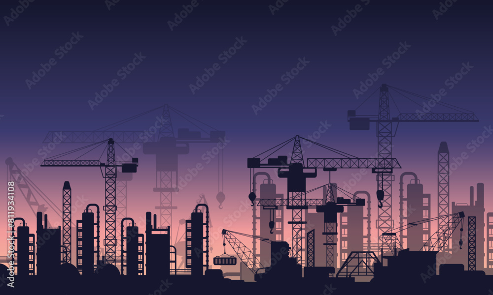 Sunset view and tower crane silhouette on construction site