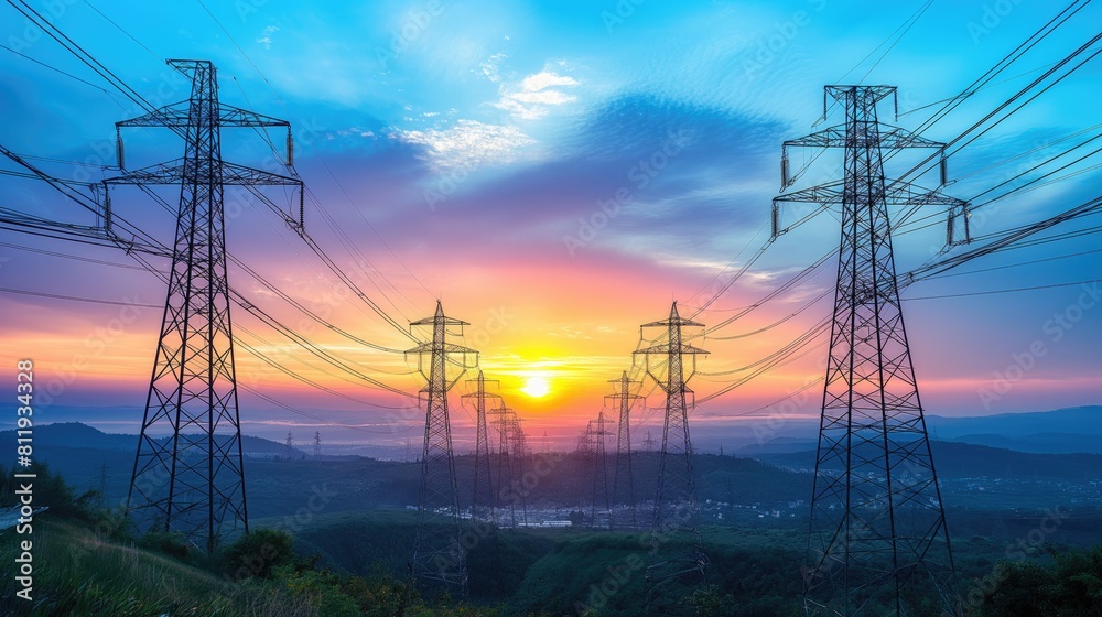 Electricity Towers Against Colorful Sunset Sky, Power Transmission Landscape Electricity Towers Against Colorful Sunset Sky, Power Transmission Landscape