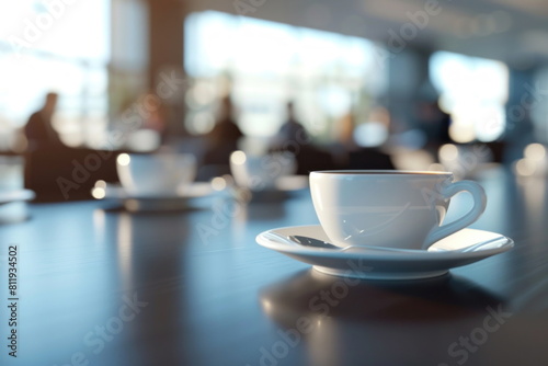 cups of coffee on the office table with people meeting background