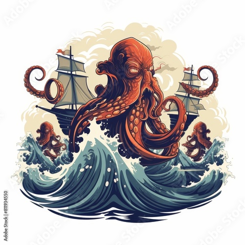 A large octopus is surrounded by a ship and other octopuses