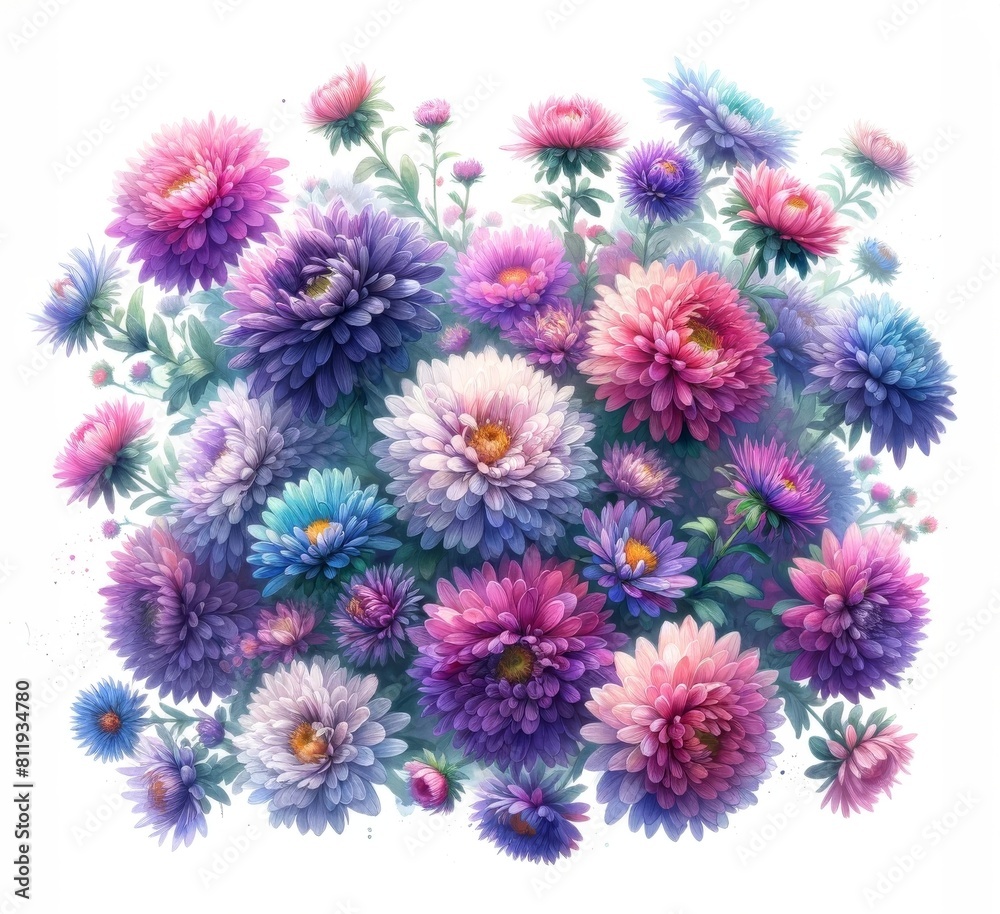Aerial view watercolor painting capturing diverse hues of Aster flowers in purple, pink, and blue. Aerial view watercolor painting capturing diverse hues of Aster flowers in purple, pink, and blue.