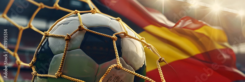 Close up of football ball in the net of goal of stadium on the german flag background. Football europe championship in Germany wide banner concept. photo