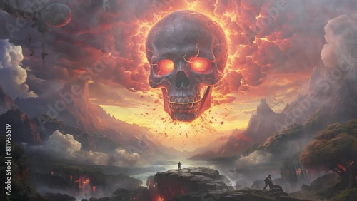 Gigantic Skull Floating in a Fantasy Landscape at Sunset photo