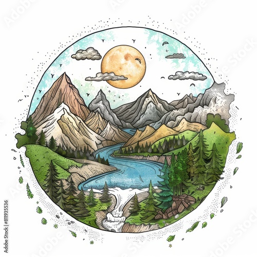 an illustration of mountains in a circle showing sustainability isolated on white background