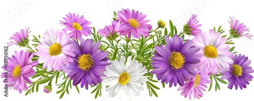 illustration of aster flower arrangement with purple and white flowers on a isolated background