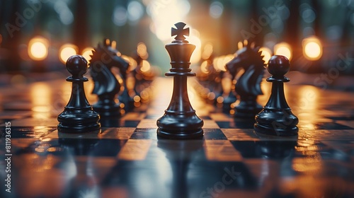 A dramatic depiction of a chessboard with pieces in midplay, symbolizing the strategic decisions and calculated risks involved in corporate success and market control The image conveys the themes of r photo