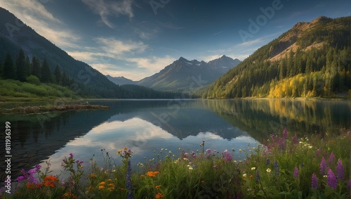 Gorgeous mountain lake framed by a variety of wildflowers.