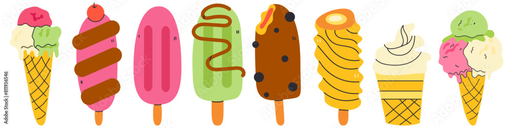 Set of tasty ice creams. Sweet summer delicacy sundaes, gelatos with different tasties. Icons, signs, banners, card, scrapbooking. Fresh summertime banner. Collection elements for summer holiday. Set of tasty ice creams. Sweet summer delicacy sundaes, gelatos with different tasties. Icons, signs, banners, card, scrapbooking. Fresh summertime banner. Collection elements for summer holiday.