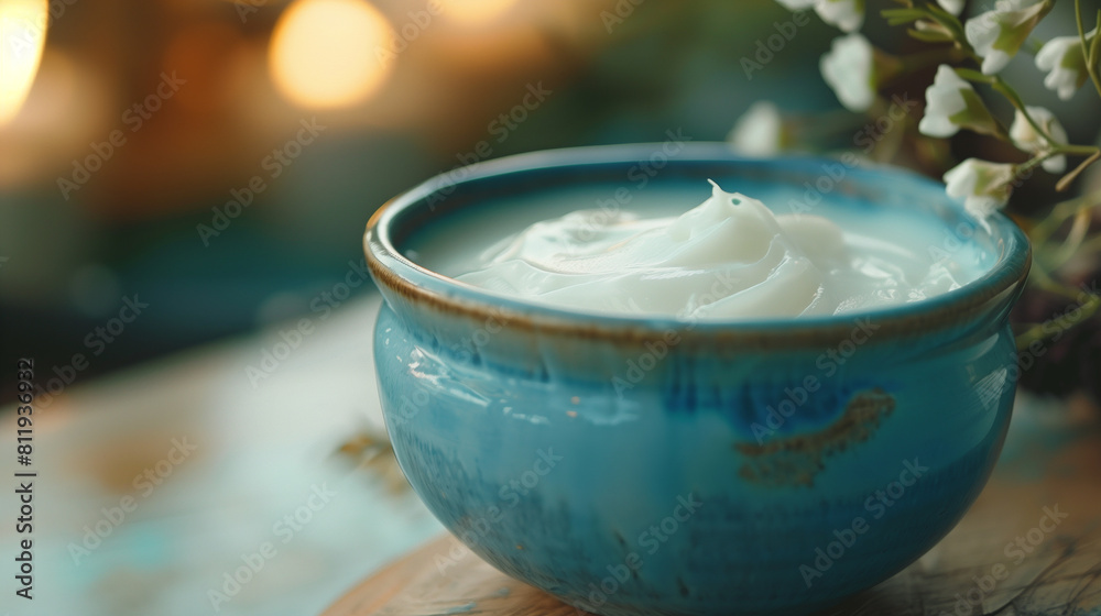 Ceramic bowl of cream with flowers and soft light Ceramic bowl of cream with flowers and soft light