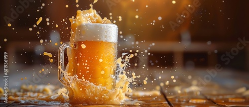 Draft beer in a tall, frosted mug, captured at the moment of pour, showcasing the dynamic splash and foam