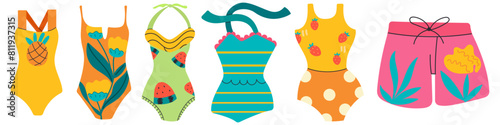 Summer vector swimwear set for sticker. Icons, signs, banners, card, scrapbooking. Fresh summertime banner. Collection elements for summer holiday.