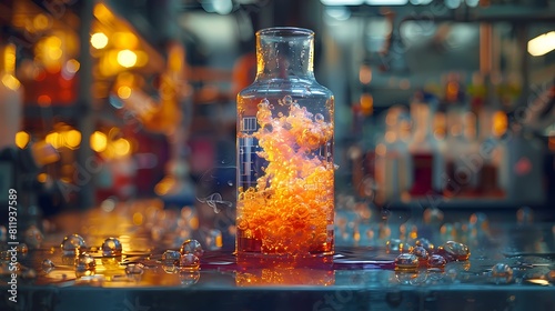 Chemical compounds undergoing a rapid reaction in a glass flask, the dynamic process captured in real-time by a high-definition camera, showcasing the vibrancy and complexity of molecular photo