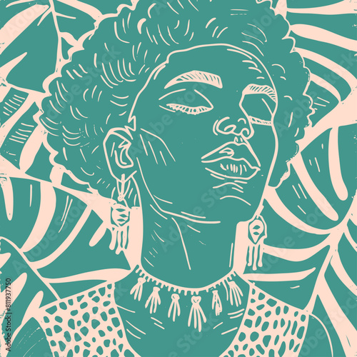 Black woman in monstera leaves, vector illustration