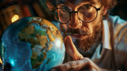 Bearded man wearing horn-rimmed glasses gazes intently at a globe. photo