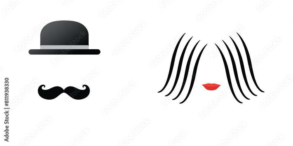 Woman hair and lips and man hat and mustache, woman and man symbols Woman hair and lips and man hat and mustache, woman and man symbols
