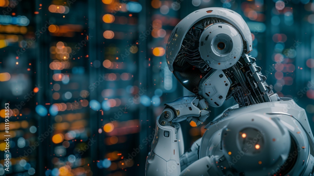 Fototapeta premium A robot stands and analyses data against a futuristic backdrop