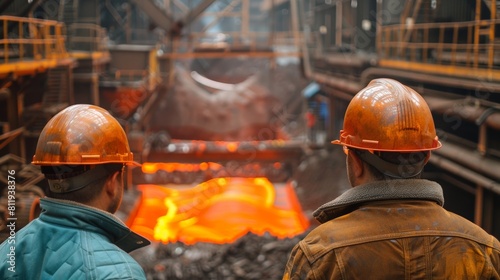 Two steel workers looking at the molten metal being poured Manufacturing industry, smelting, steel lathe a iron melter steel production in the factory