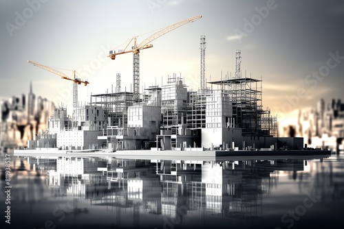 3d rendering of a building under construction with two cranes on a white background photo