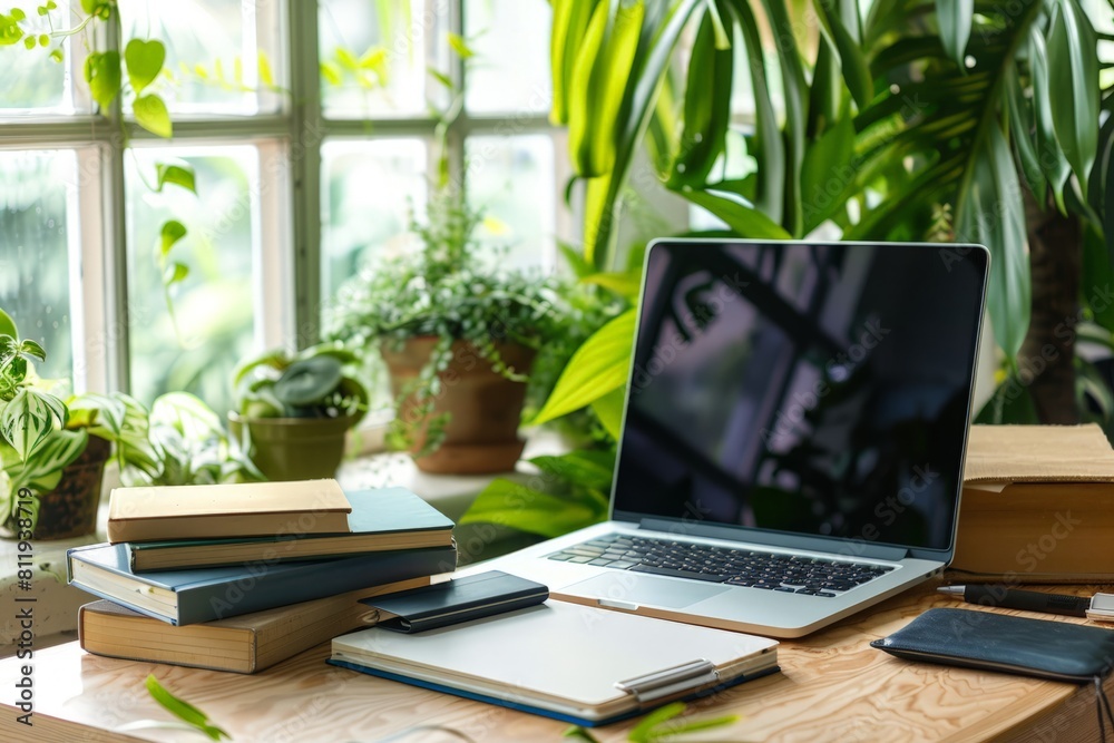 Workspace with laptop and books in a plant-filled room Workspace with laptop and books in a plant-filled room