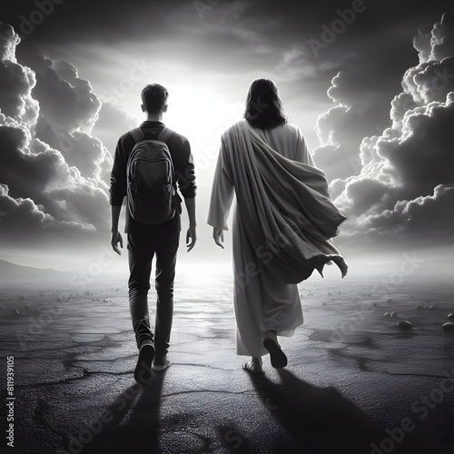 Jesus walking along with man 