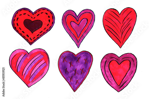 Drawn bright hearts isolated on white background. Design elements for wedding day  valentine s day. Lovers hearts in grunge style illustration. Drawing with markers on paper.