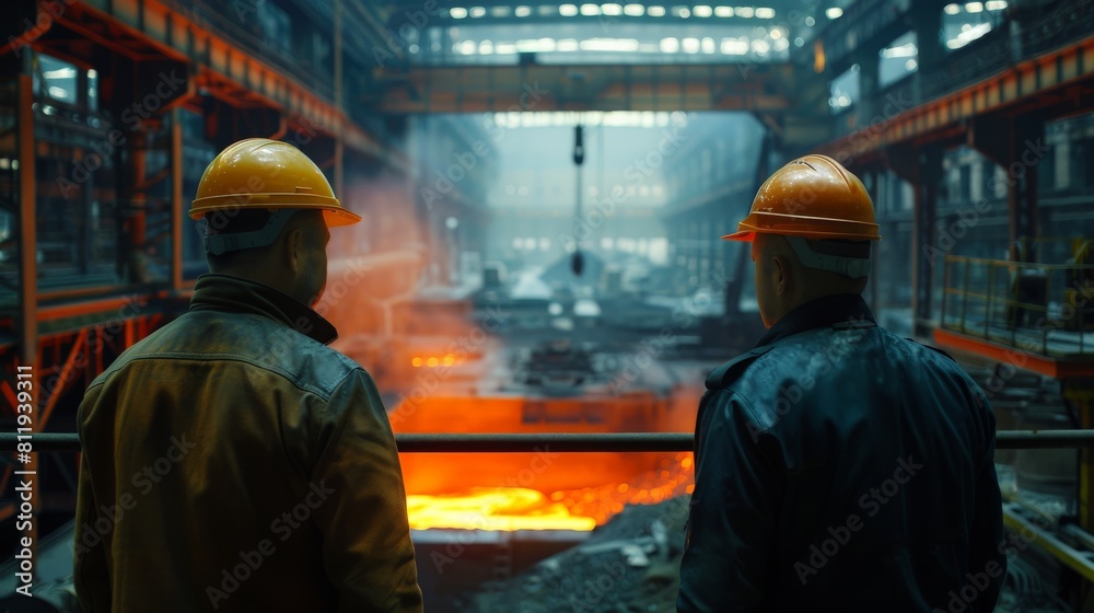 Two steelworkers in hard hats looking at a blast furnace Manufacturing industry, smelting, steel lathe a iron melter steel production in the factory
